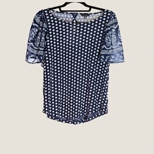Lucky Brand Navy Boho Print Peasant Blouse Size M | Short Sleeve